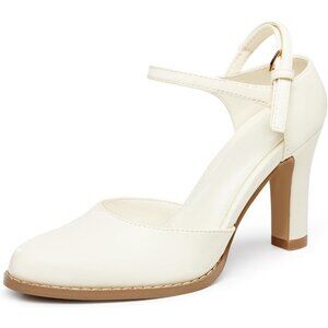 Women's Beige Chunky High Heels Closed Pointed Toe Ankle Strap Pumps Shoes